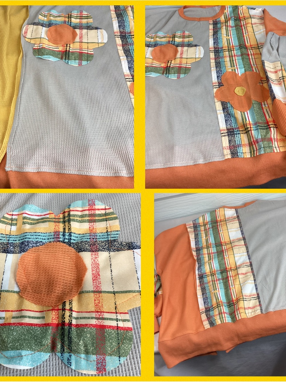 Patchwork Plaid Floral Appliqué Pullover - Sage, Mustard & Rust oversized top.33 - Picture 5 of 7